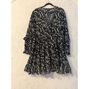 Wednesdays Girl Black White Floral Wrap Dress Plus Size 22 NWT Long Sleeve Mini